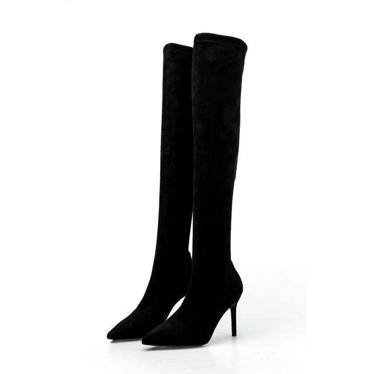 Womens Black Suedette Knee High Pointed Kitten Heel Boots  |  Boots Boots Black