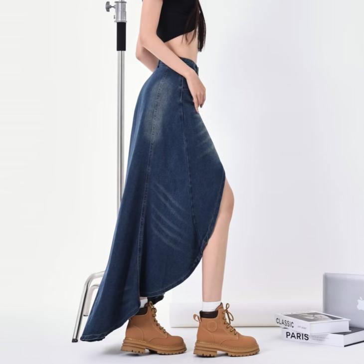 Womens Pleated Asymmetric Denim Skirt  |  Skirts Denim Blue