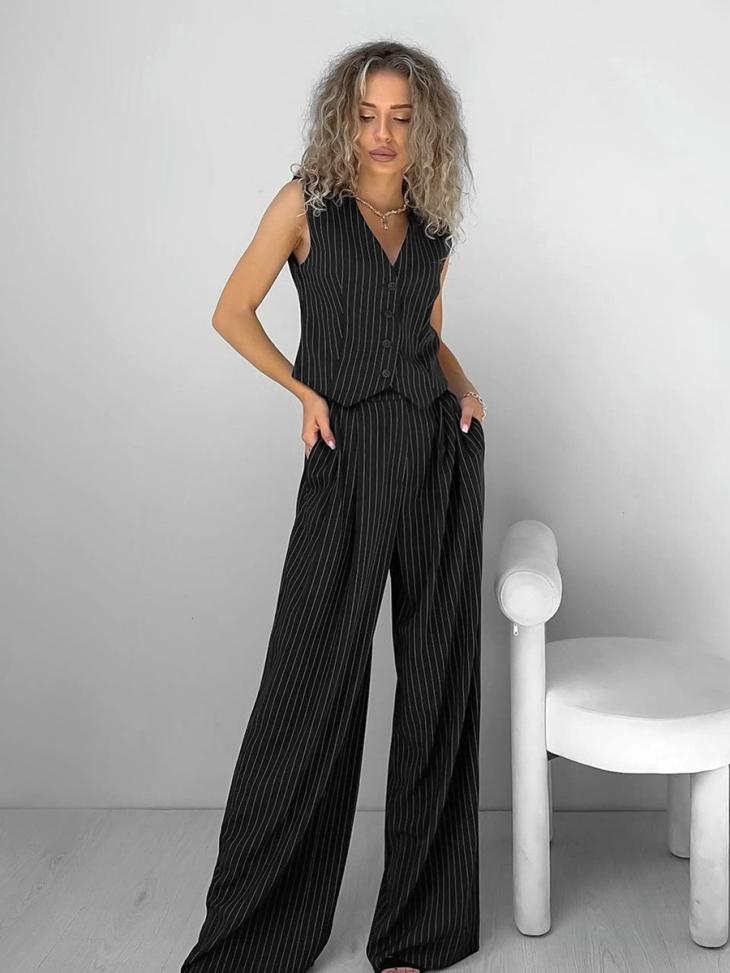 Womens Black Stripe Wide Leg Trousers  |  Trousers Trousers Black